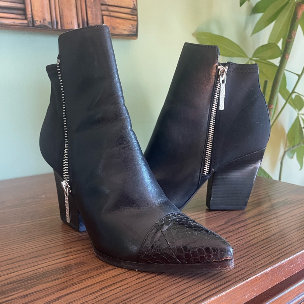 Donald J. Pliner Black Heeled Boots with Croc-Embossed Detail